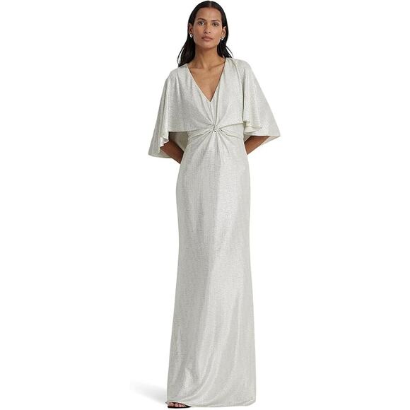 Lauren Ralph Lauren Twist-Front Cape-Overlay Gown Winter Cream Size 6 NWT
